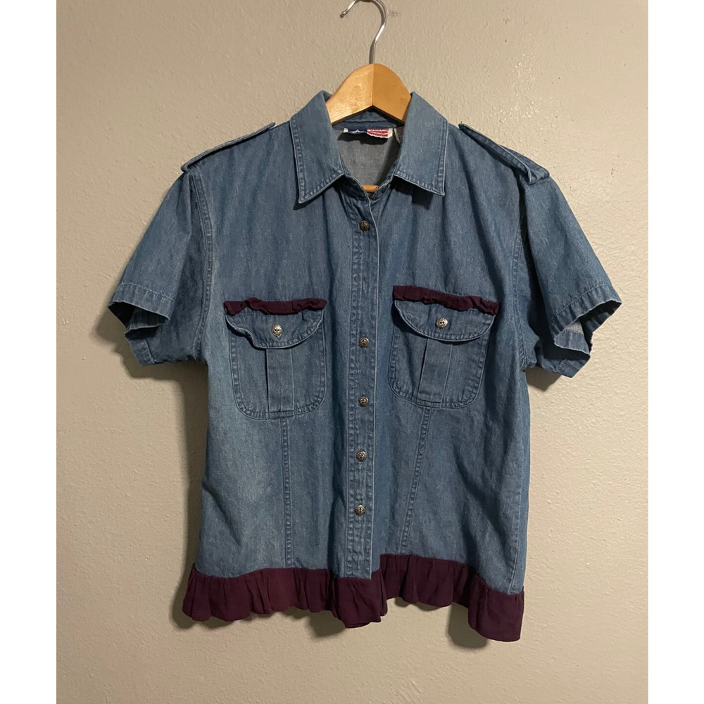 Vintage Womens Top Large Blue Denim Ruffle Button Up Western Prairie 90s FLAW